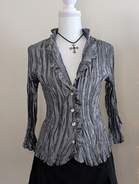 VTG Silver Crinkle Ruffled Button-Front Blouse